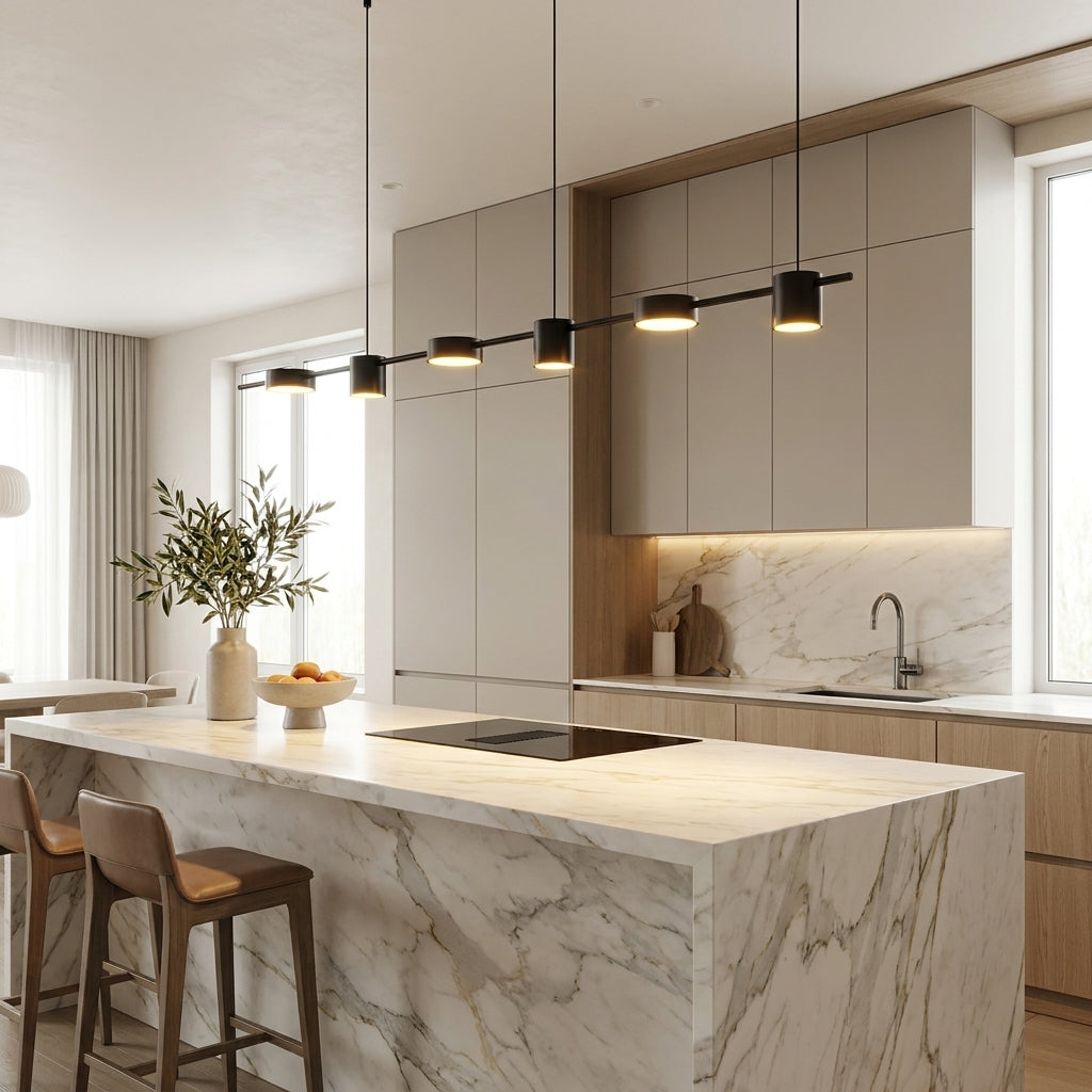 Modern molecular chandelier in a luxurious minimalist kitchen