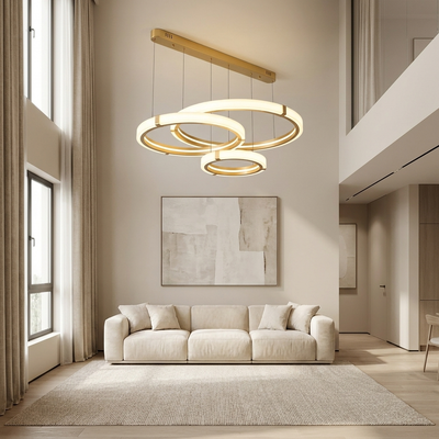 Circular ring chandelier suspended in a minimalist living room