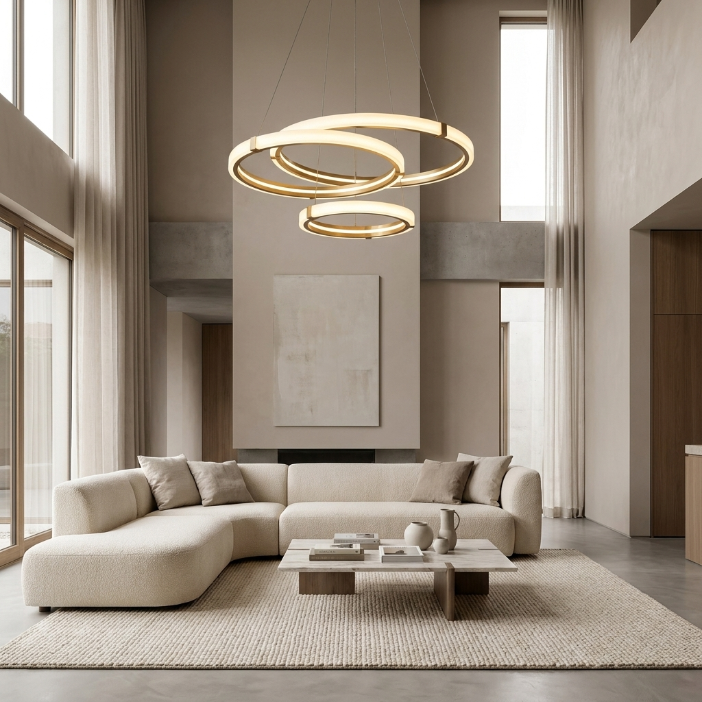 Modern ring LED chandelier in a double-height living room above a sofa