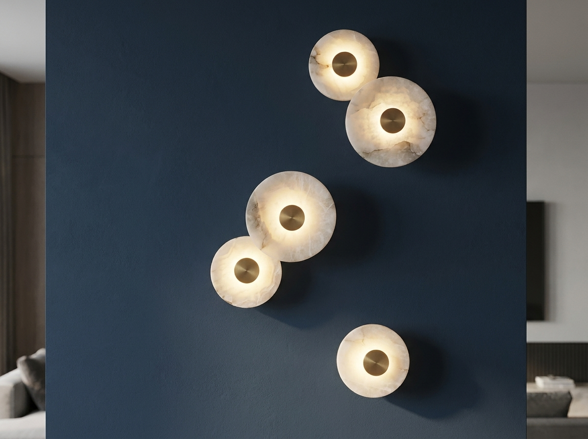 Solva alabaster disc wall sconces arranged on a navy plaster feature wall