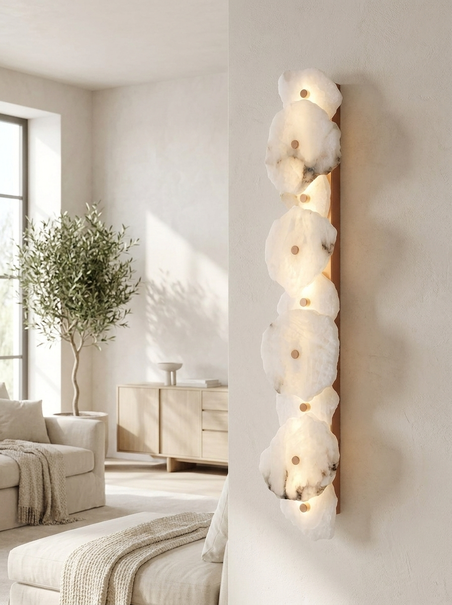 Spanish alabaster linear sconce in a bright modern living room