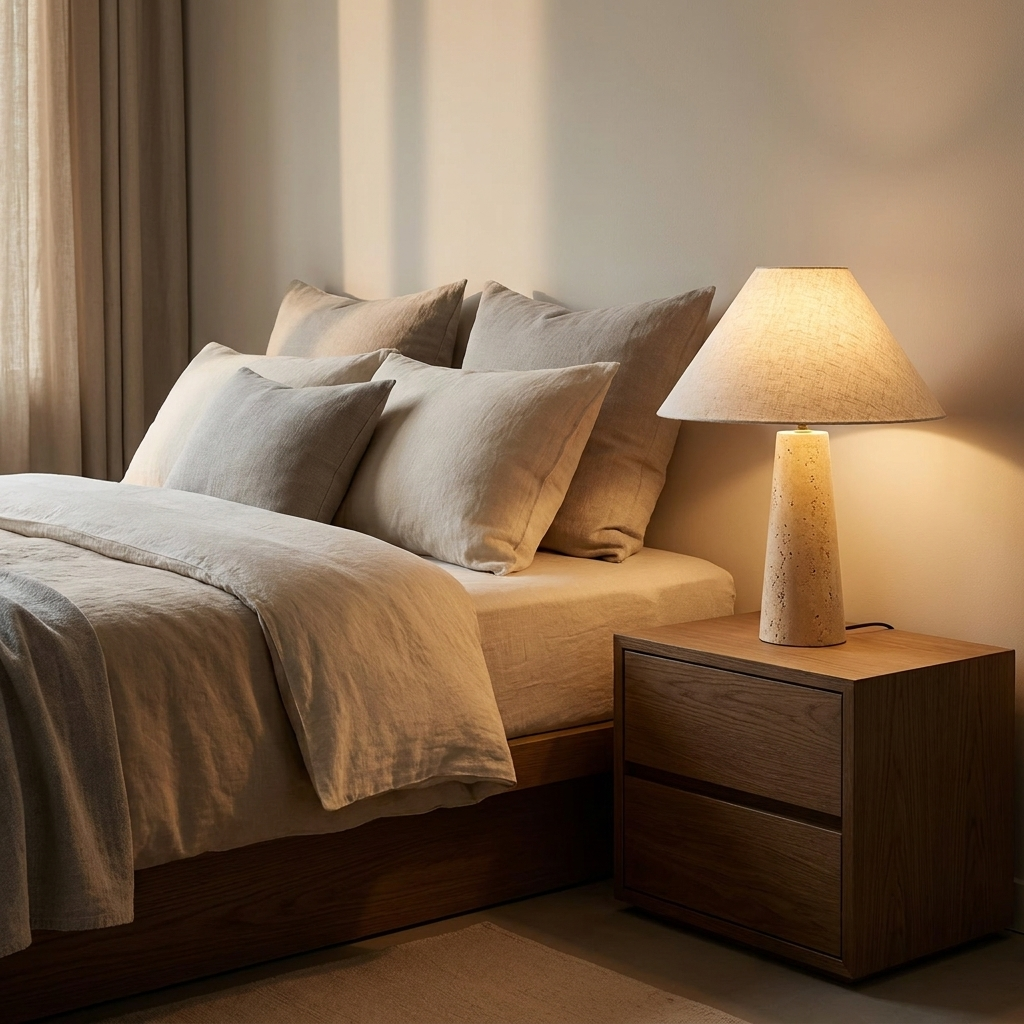 Yellow travertine table lamp glowing on a bedside table