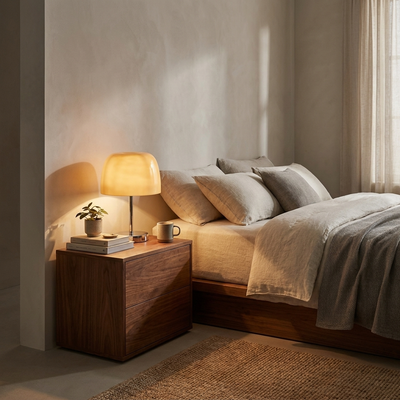 Mushroom lamp glowing on a bedside table