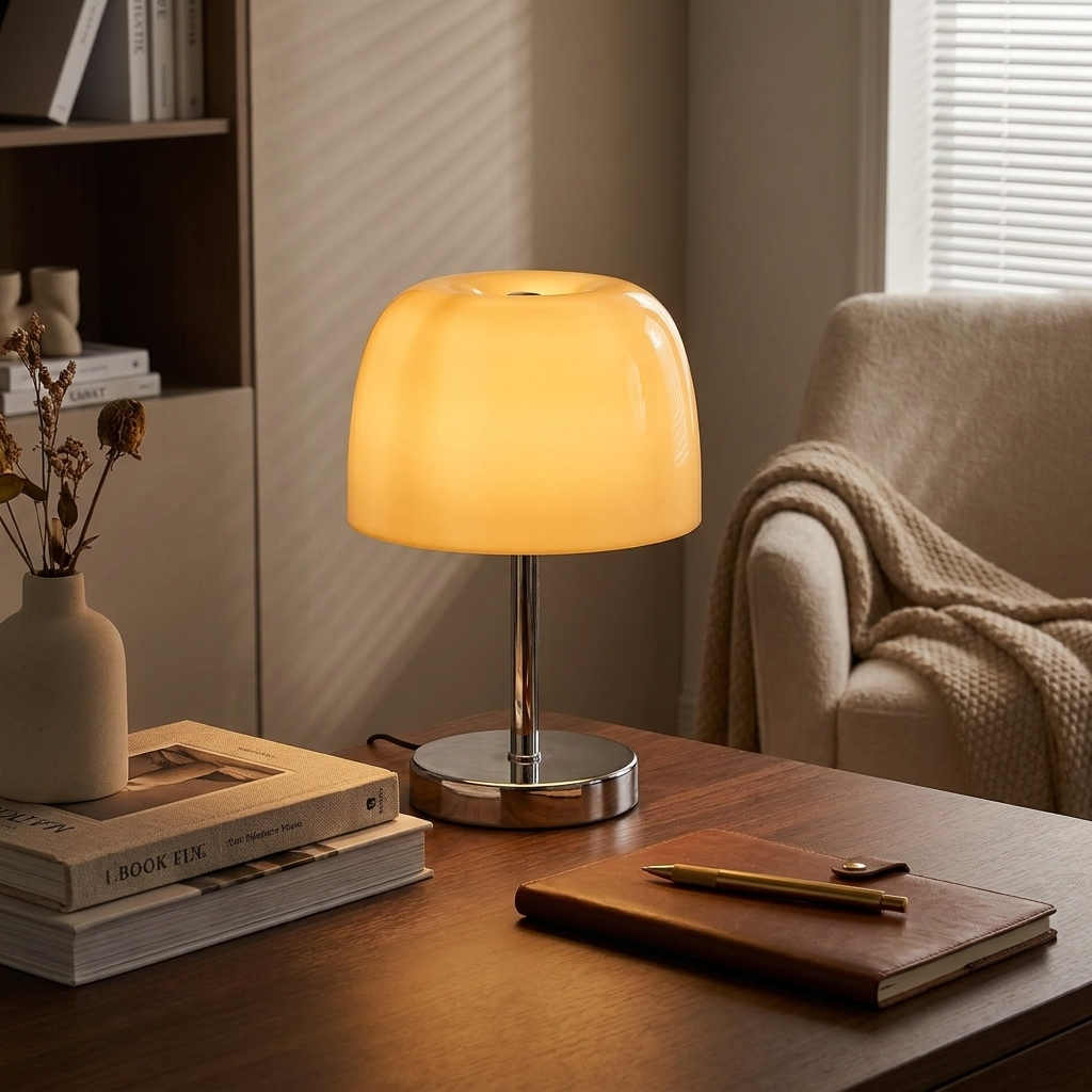 Mushroom lamp on a study desk