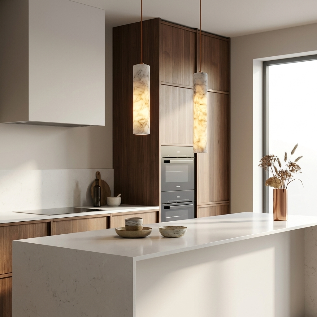 Copper and marble pendant over a kitchen island