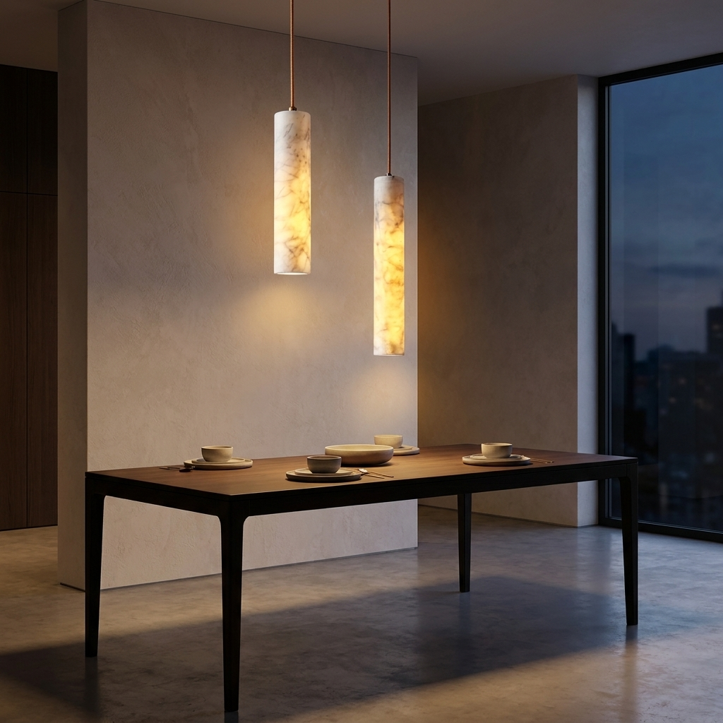Copper and marble pendants over a dining table