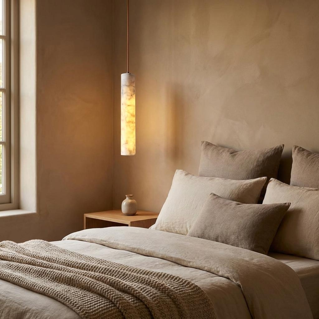 Copper and marble pendant beside a bed
