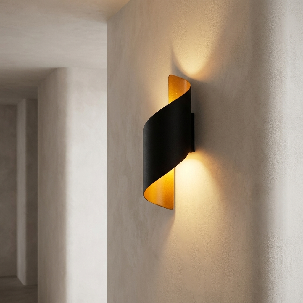 Spiral wall sconce glowing in a hallway