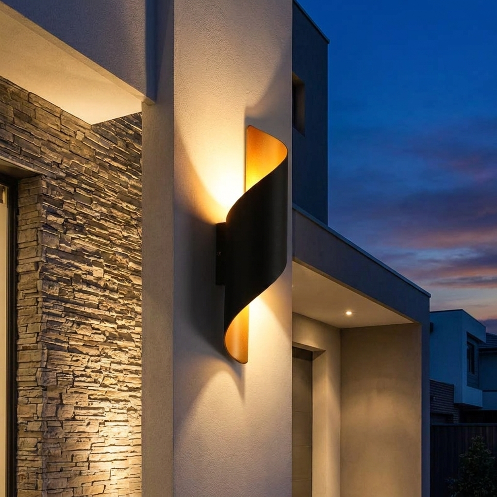 Spiral wall sconce on a house facade at dusk