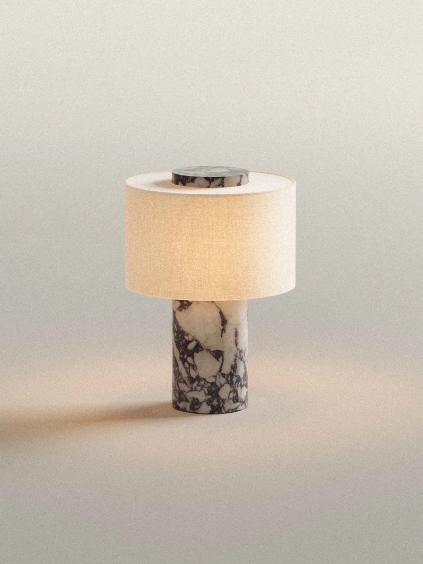 Travertine Cylinder Table Lamp — Marble Base &amp; Linen Shade